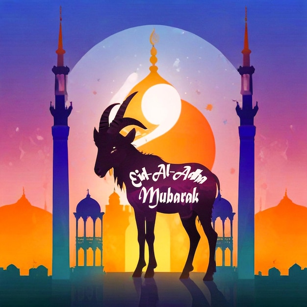 PSD eidaladha mubarak festival islámico fondo con una cabra de pie frente a una mezquita islámica