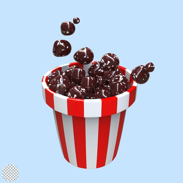 PSD eimer gefüllt mit popcorn-süßigkeiten, 3d-illustration, isoliertes symbol