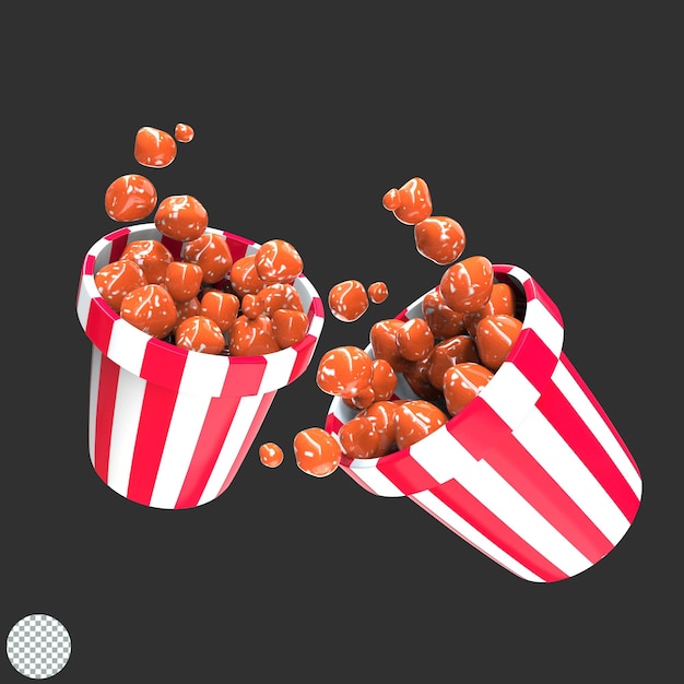 PSD eimer gefüllt mit popcorn-süßigkeiten, 3d-illustration, isoliertes symbol