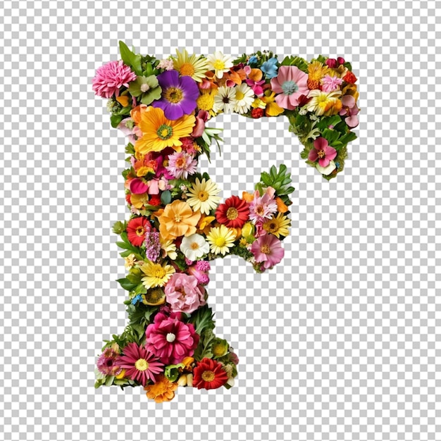 Ein 3D-Buchstabe 39F39 aus farbenfrohen Blumen auf weißem Hintergrund