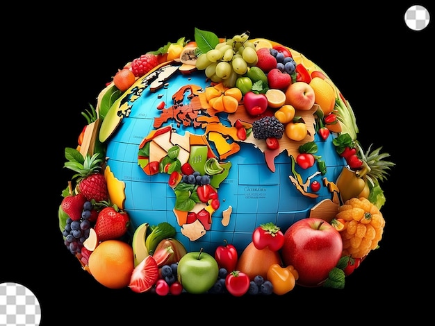 Ein 3d-globus mit kontinenten aus nahrungsmitteln png transparent