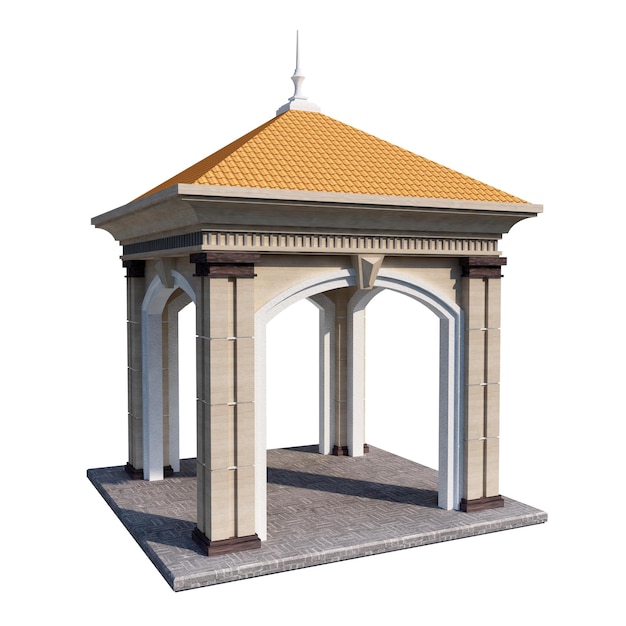 ein 3D-Modell eines Gazebo-Gebäudes mit einem gelben Dach und einem gelben Hausdach