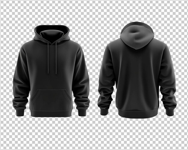 Ein 3D-Rendering eines leeren schwarzen Hoodie, das sowohl vorne als auch hinten vor einem sauberen weißen Hintergrund gezeigt wird