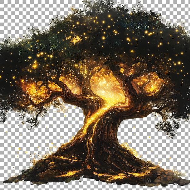 Ein alter, leuchtender Baum gegen einen durchsichtigen Hintergrund