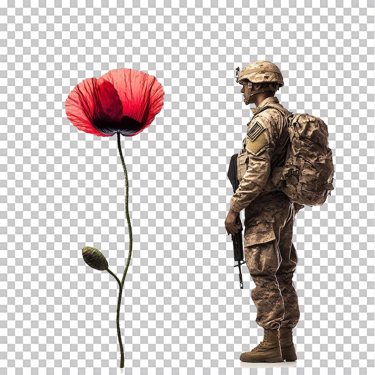PSD ein amerikanischer soldat steht neben einem stilisierten mohn vor einem durchsichtigen hintergrund
