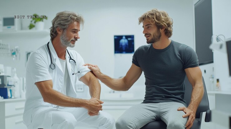 PSD ein arzt tröstet einen patienten während einer konsultation in einer hellen arztpraxis