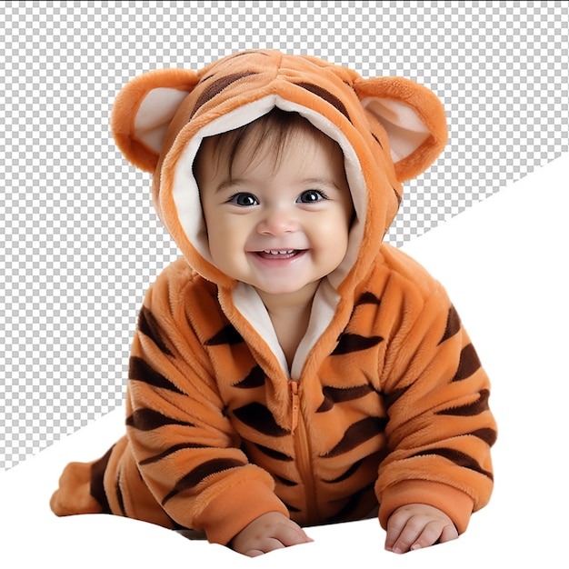 PSD ein baby, das ein tiger-outfit trägt, lächelt und trägt ein tiger-outfit