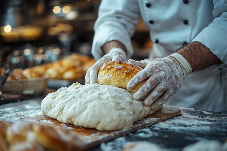 PSD ein bäcker in weißen handschuhen knetet ein brot auf einem holzschneidbrett in einer bäckerei