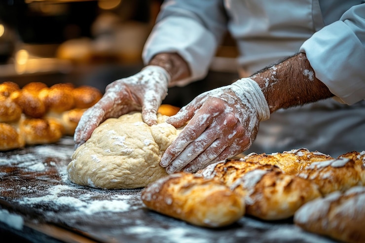 PSD ein bäcker knetet mit weißen handschuhen und mehl teig für brot in einer kommerziellen küche