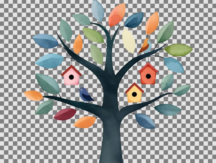 PSD ein baum mit bunten blättern und vögeln