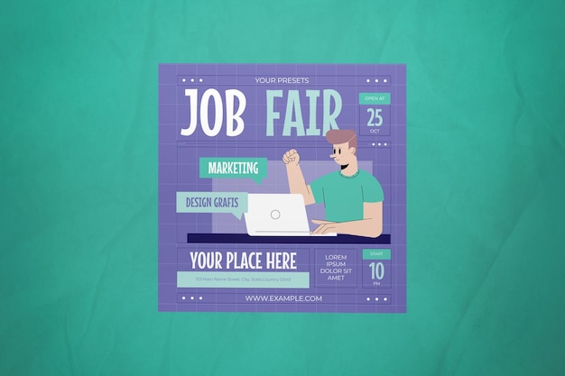 PSD ein beitrag auf den sozialen medien zur purple flat design job fair