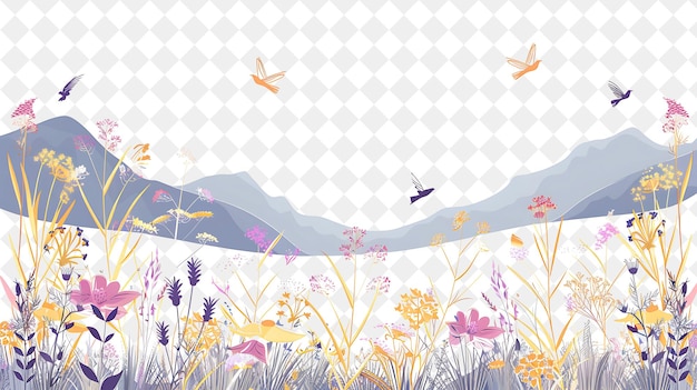 ein Berg mit Blumen und Schmetterlingen im Hintergrund