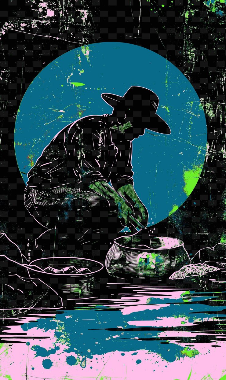 PSD ein bergarbeiter, der nach gold sucht, mit einem brasilianischen wappen eine rote illustration brasilianisches leben und kultur
