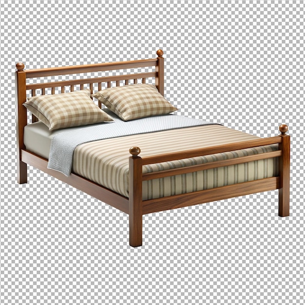 ein Bett mit einem Holzrahmen und einem gestreiften Komfort