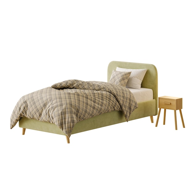Ein Bett mit einer grünen Decke und einem hölzernen Nachttisch