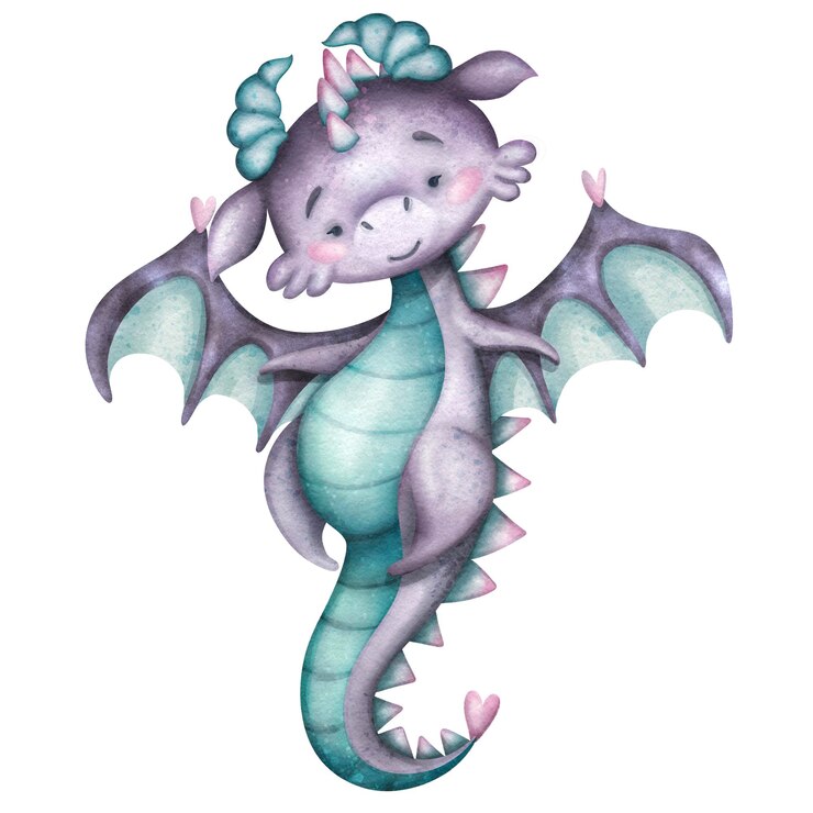 PSD ein bezaubernd purpurfarbener, wunderbarer drache mit flügeln und hörnern für kleine kinder