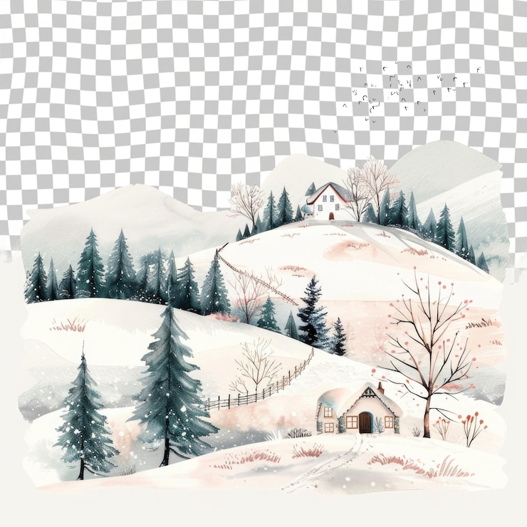 PSD ein bild einer hütte auf einem schneebedeckten hügel mit bäumen im hintergrund