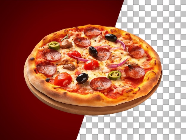 Ein Bild einer Pizza mit einer roten und schwarzen Olive darauf.