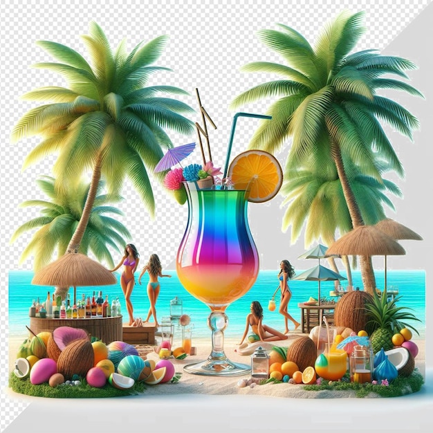 PSD ein bild einer strandszene mit einem glas saft und palmen