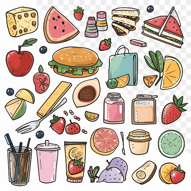 PSD ein bild einer vielzahl von speisen, darunter ein sandwich, obst und getränke