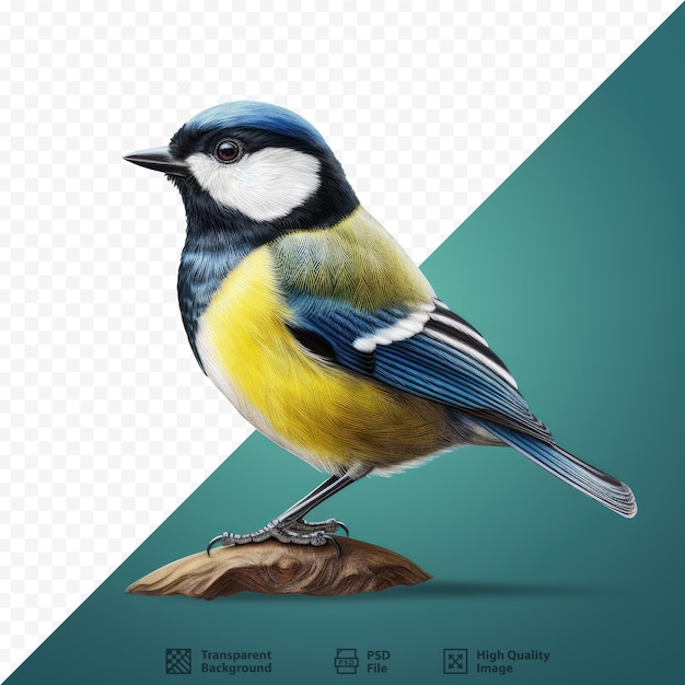 PSD ein bild eines vogels mit einem blau-gelben körper und den worten „vogel“ darauf.