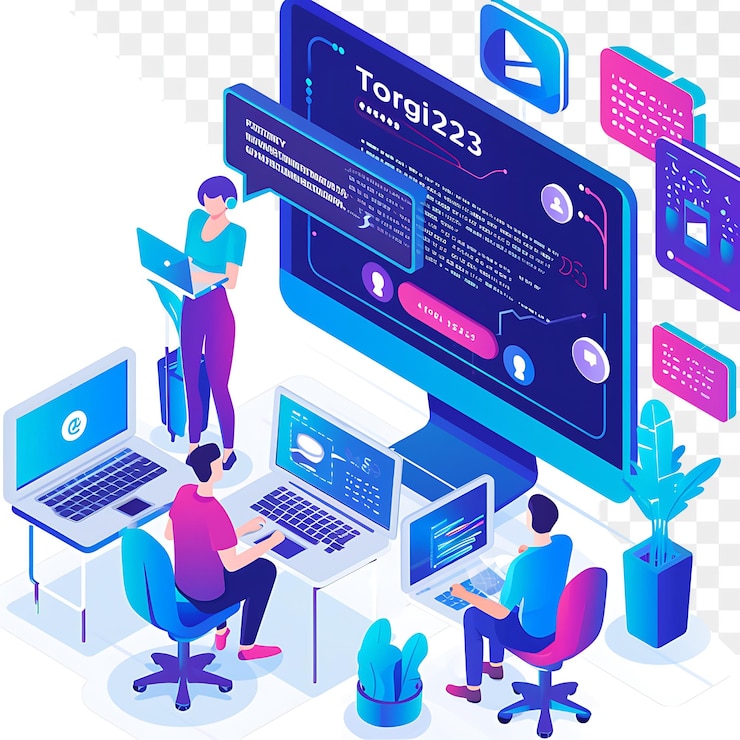 PSD ein bild von menschen, die an computern arbeiten, und ein bildschirm mit dem wort tp