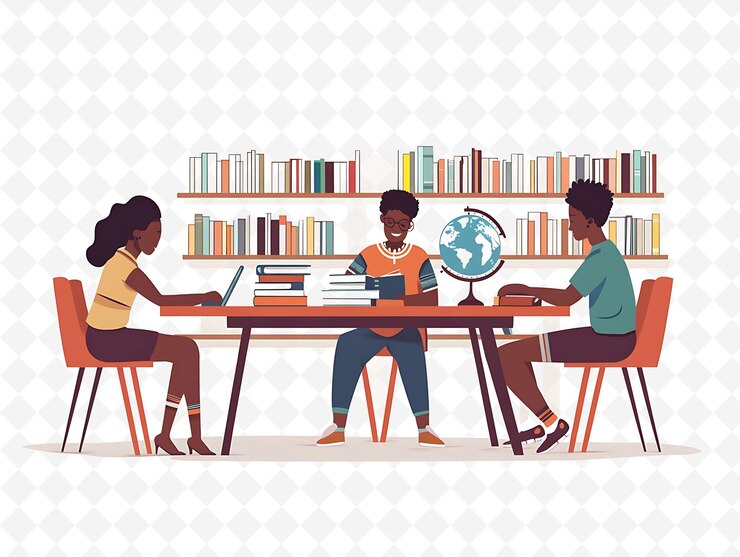 PSD ein bild von menschen, die an einem tisch mit büchern und einem globus sitzen