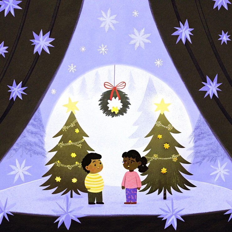 PSD ein bild von zwei kindern, die sich einen weihnachtsbaum ansehen