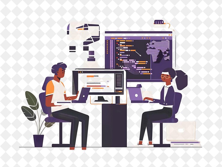 PSD ein bild von zwei leuten, die an einem computer arbeiten, mit dem wort code auf der unterseite