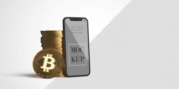 Ein bitcoin- und mobiltelefonmodell neben stapeln von bitcoins, die auf weißem hintergrund und kopienraum isoliert sind. 3d-rendering