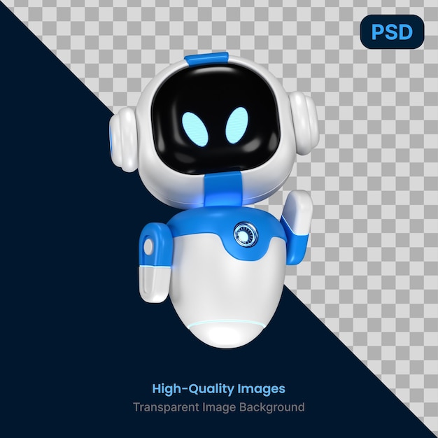 ein blau-weißer Roboter mit einem schwarzen Gesicht, das hohe Qualität sagt