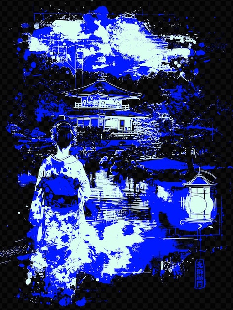 PSD ein blau-weißes bild einer frau in einem kimono
