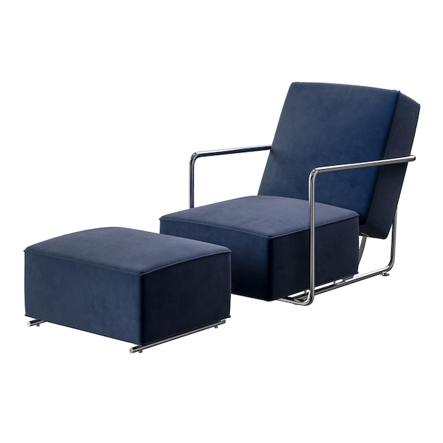 Ein blauer Stuhl und ein Osman auf weißem Hintergrund Der Stuhl ist ein modernes Design mit einem Metallrahmen und einem blauen Stoff