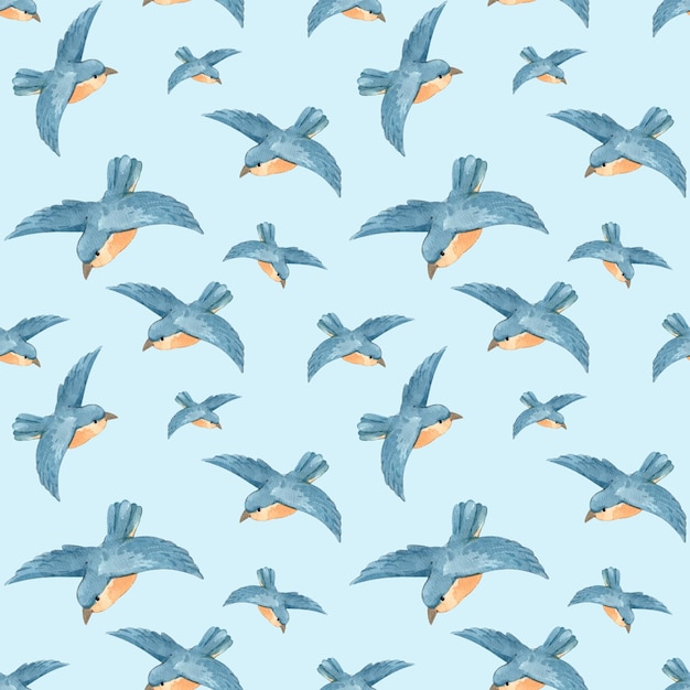 Ein blauer Vogel mit gelbem Bauch fliegt um ein handgezeichnetes, nahtloses Aquarellmuster.