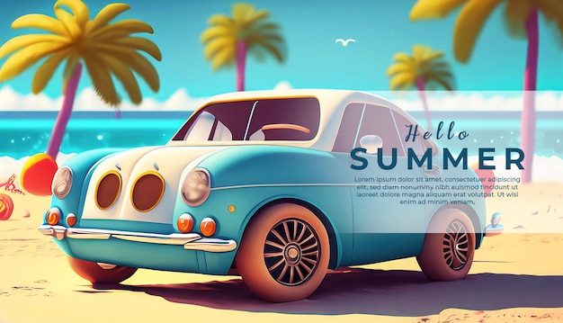 PSD ein blaues auto am strand, sommer-banner-design, cartoon-stil, psd-banner