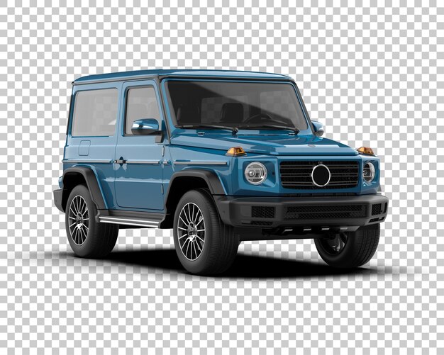 ein blaues Auto mit der Haube hoch und den Vorderlichtern an der Vorderseite