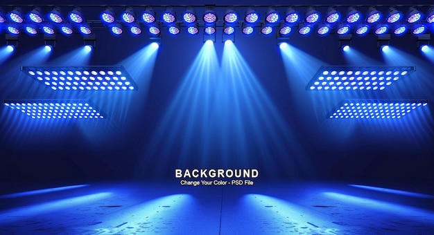 Ein blaues Licht beleuchtet die Bühne mit drei Reihen von Stadionlichtern auf beiden Seiten der Produktausstellung