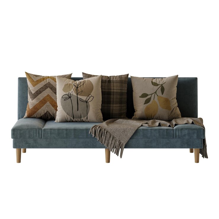 PSD ein blaues sofa mit einer überziehbaren decke und vier kissen