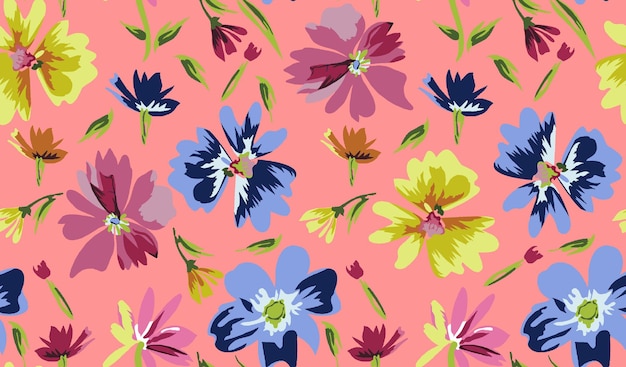 ein Blumenmuster mit blauen, rosa, gelben und lila Blüten