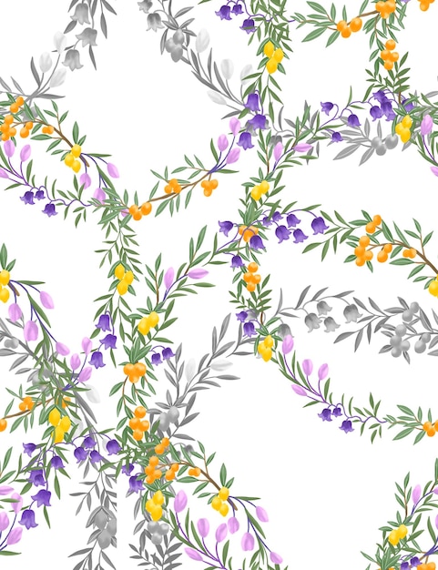 ein Blumenmuster mit lila und gelben Blüten und Blättern