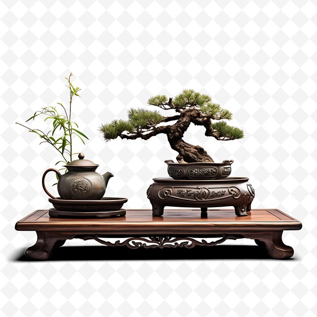 PSD ein bonsai-baum auf einem tisch mit einem topf und einer topfpflanze darauf