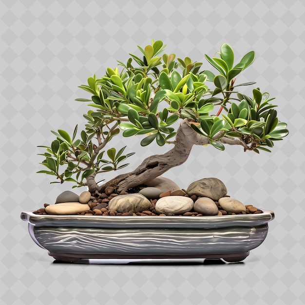 PSD ein bonsai-baum ist in einer schüssel mit felsen und steinen