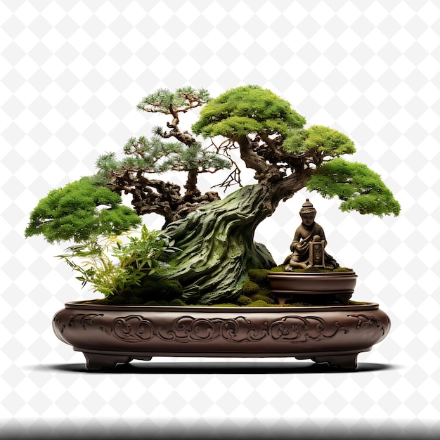 PSD ein bonsai-baum mit einer statue in der mitte