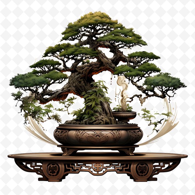 Ein bonsai-baum wird auf einem tisch mit weißem hintergrund angezeigt