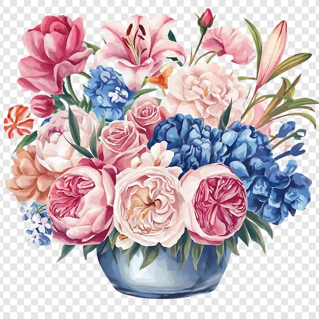 Ein Bouquet aus gemischten Blumen, isoliert auf einem durchsichtigen Hintergrund