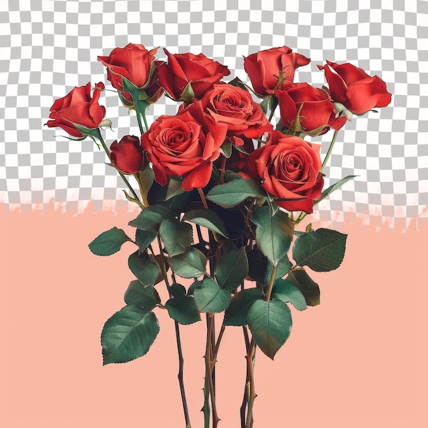 PSD ein bouquet aus roten rosen mit grünen blättern auf einem gerasterten hintergrund