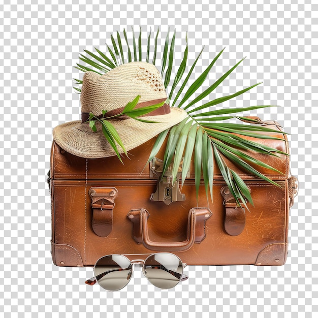 PSD ein brauner koffer mit strohhut und strohhut