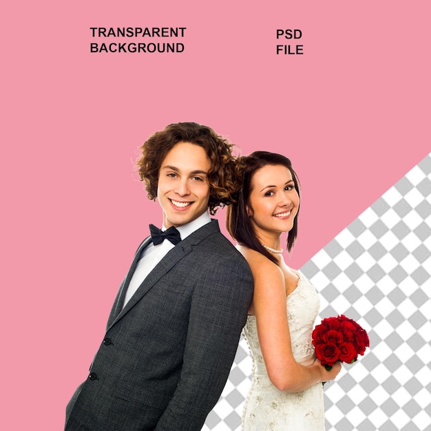 Ein Brautpaar genießt ihre Hochzeit und hält eine Blume auf einem Marrerid mit durchsichtigem Hintergrund