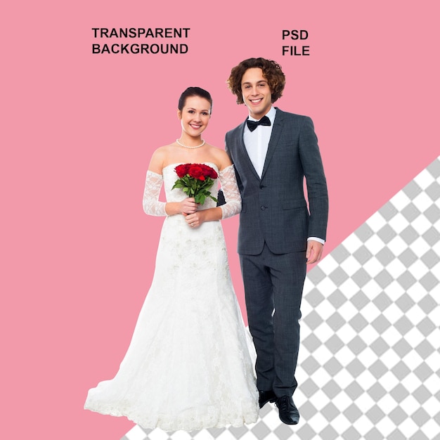 Ein Brautpaar genießt ihre Hochzeit und hält eine Blume auf einem Marrerid mit durchsichtigem Hintergrund