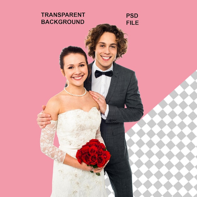 Ein Brautpaar genießt ihre Hochzeit und hält eine Blume auf einem Marrerid mit durchsichtigem Hintergrund